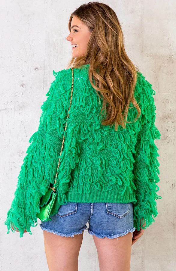 Oversized Knitted Fringe Vest Bright Green